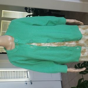 LL Bean L button waffle knit crisp apple green contrasting ribbed hems